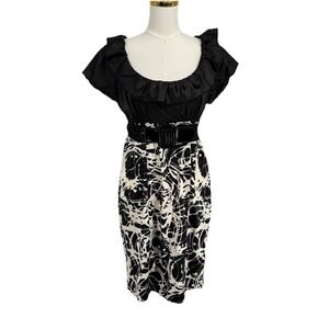 Y2K Roulette Women Belted Midi Dress 8 Black Satin Whimsigoth Indie Fairy Grunge